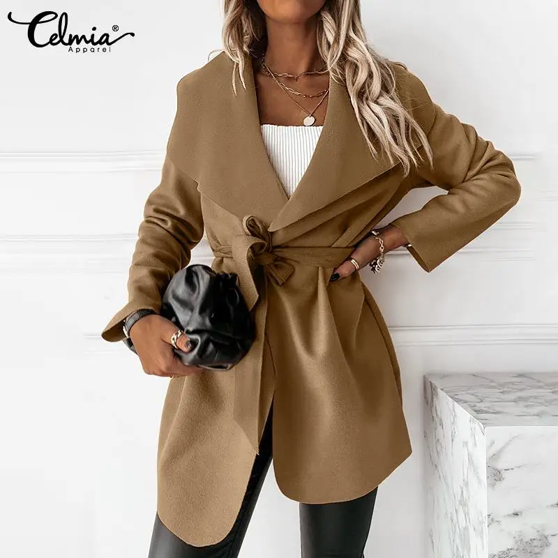 

Celmia Winter Long Sleeve Wools Women 2021 Fashion Turn-down Collar Belted Wrap Woollen Coats Casual Streetwear Fleece Outwear