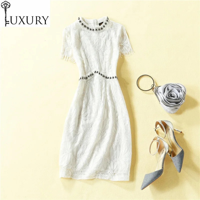 

New Top 2020 Quality Summer Party Events Women Studs Beading Deco Short Sleeve Slim Fitted A-Line Lace White Dress