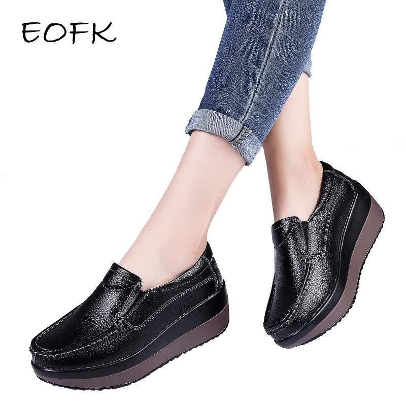 

EOFK Spring Autumn Women Loafers Flats Ladies Genuine Leather Moccasins Fall Slip-on Casual Round Toe Handmade Platform Shoes