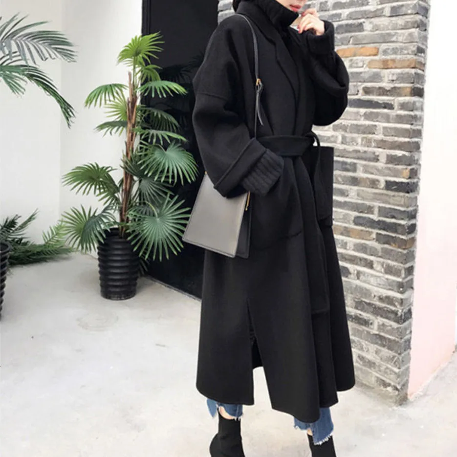 

Casual Belt Solid Black Long Sleeve Woolen Coat New Fashion Winter Coats Women Slim Winter Coat Women Plus Size Coat