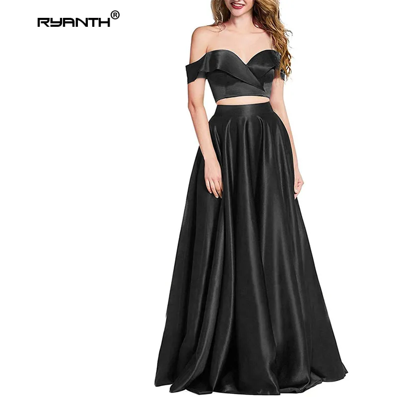 Женское длинное вечернее платье бальное из 2 частей с карманами и открытыми