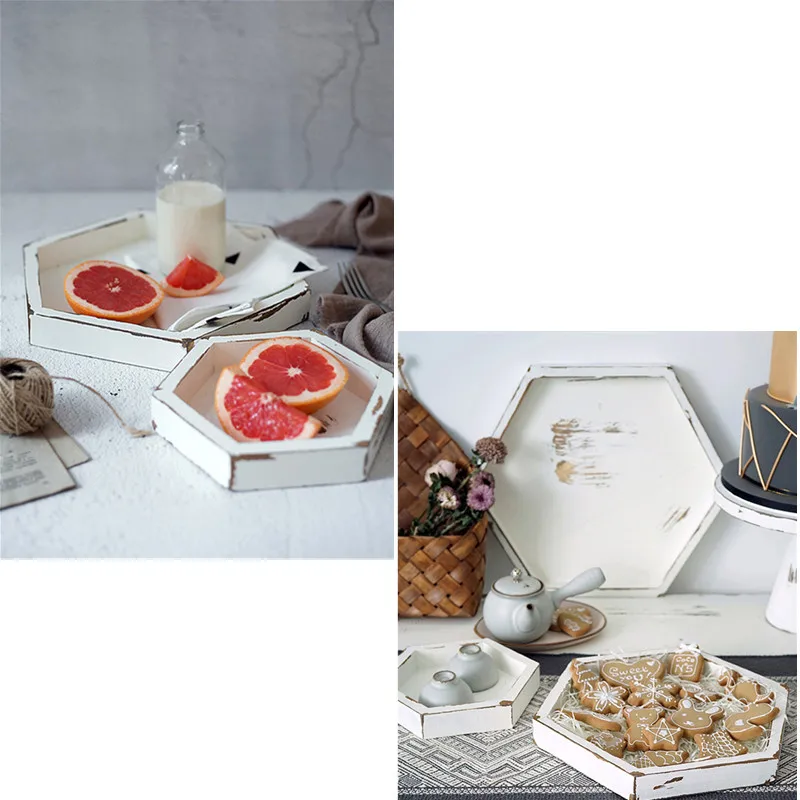 Tobs Hexagon wood tray vintage white style handmade cupcake cake table decoration dessert makeup jewelry holder ring trays | Дом и сад