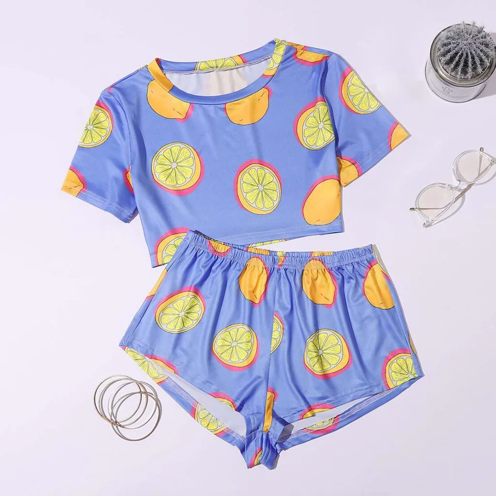 2020 летний женский костюм сексуальный из двух предметов с принтом фруктов и