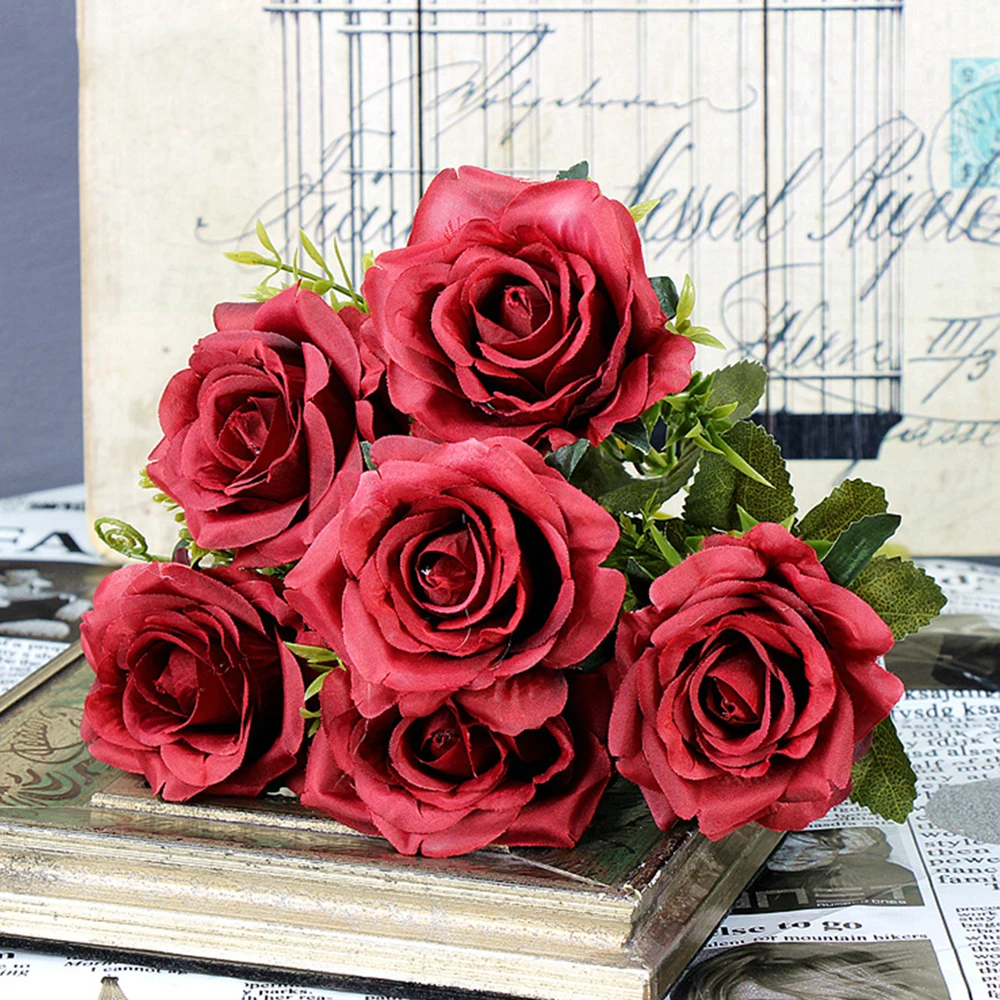 6 шт. розы белого цвета шампанского искусственные цветы из шелка Свадебные букеты