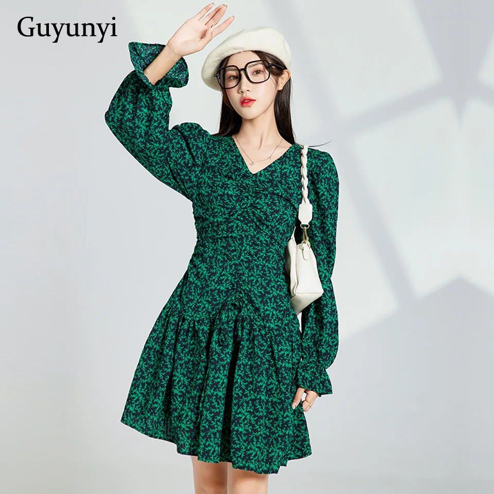 

Elegant Green Chiffon Dress 2022 Spring Young Style Bohemia Floral Print V-Neck Tether Puff Sleeves High Waist A-Line Dress