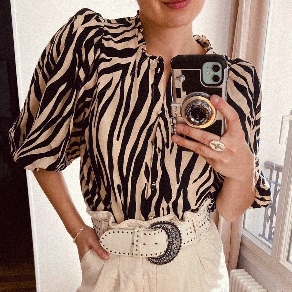 

Zèbre Chemise Shirts Female Ruffled Manches Bouffantes Longueur Coude Buttons Up Blouse Vintage Chic Shirt Casual Mujer Hauts