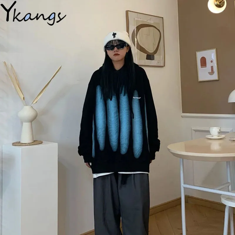 

Модный флисовый свитер с капюшоном в уличном стиле Y2k, свободная женская блузка с ручной росписью и граффити, пуловер для отдыха, спортивный ...