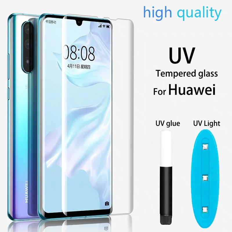 Прозрачный изогнутый УФ жидкий Полный Клей закаленное стекло для huawei P30 pro P20 lite mate