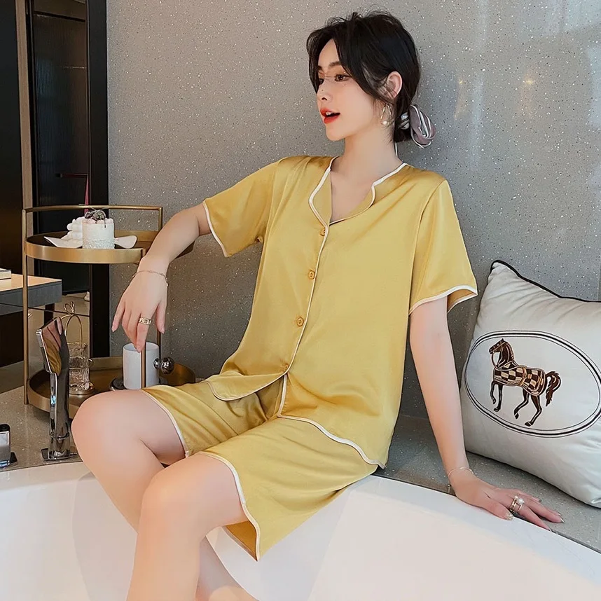 2021 Summer Ice Silk Pajamas Women's Short Sleeves Short Nightwear Wave Fashion Cardigan Pure White Ruffle Home Wear Sleepwear