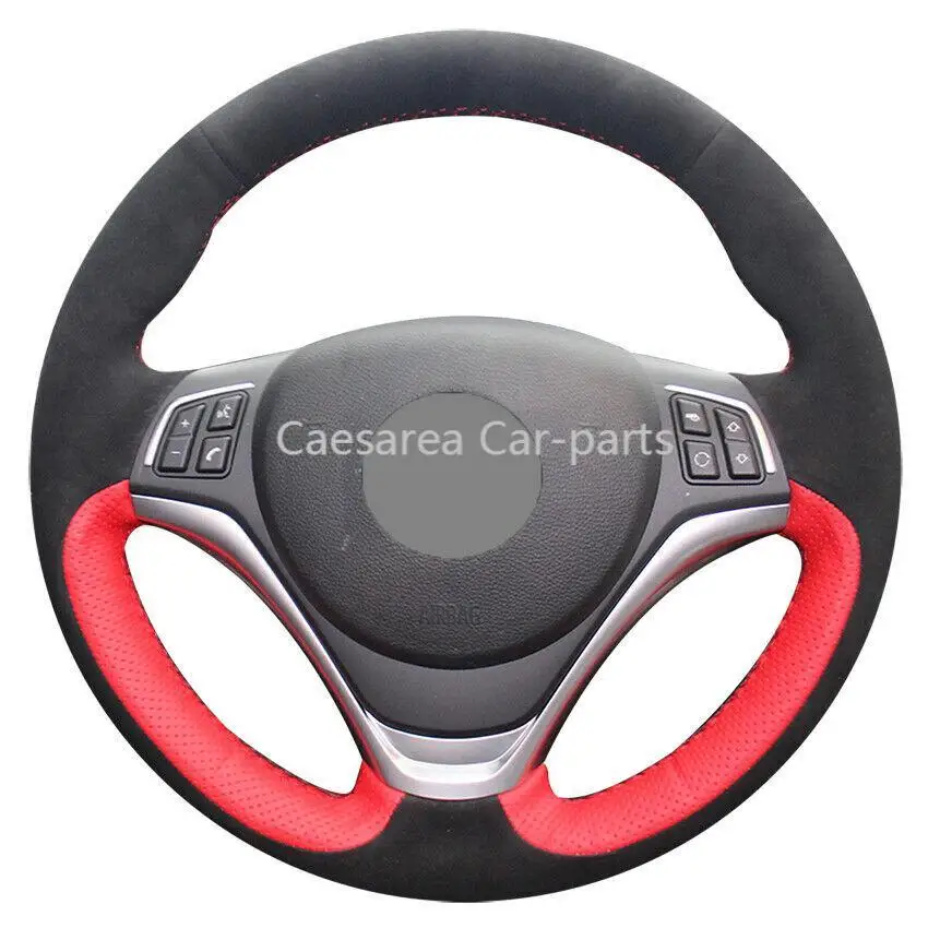 

Black Suede Red Genuine Leather Car Steering Wheel Cover for BMW X1 2014 2015