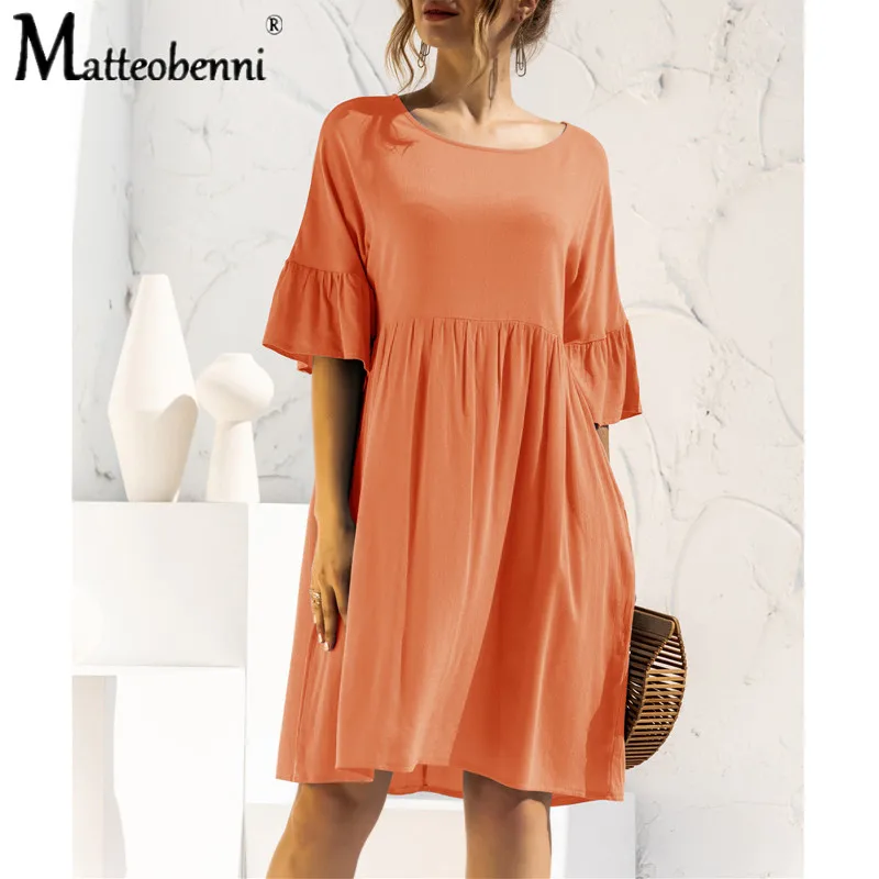 

2021 Summer Solid Color Mini Dress Women Ruffle Round Neck Short Sleeve Pockets Casual Loose Basic Dresses Vestidos Beach Dress