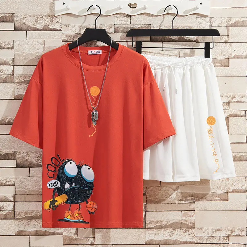 

2021 Street Clothing Men's and Women's Wear Set Hip Hop Cartoon Men's Short-sleeved T-shirt+casual elastic waist shorts fashion