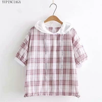 korean college style thin section plaid loose pullover short sleeve hoodie women hooded sweatshirt sweet tracksuit pullovers