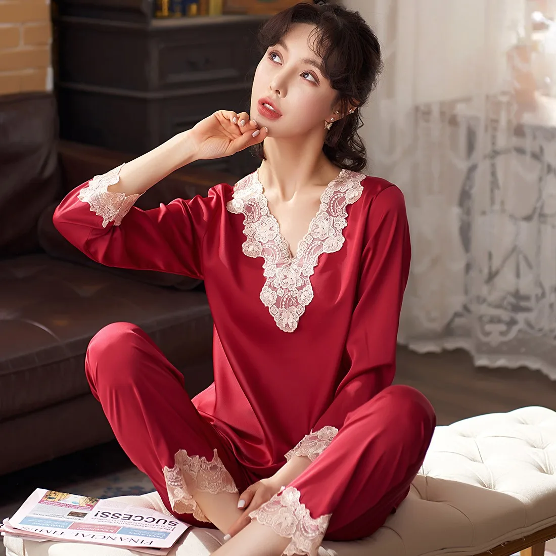 

Spring New 2PCS Sleep Set Women Satin Pajamas Suit Sexy Lace V-Neck Sleepwear Pyjamas Casual Rayon Shirts&Pants Home Wear