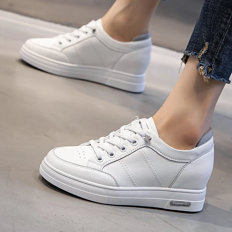 

Internal Increase 5CM White Shoes Women's Autumn 2021 New Casual Shallow Mouth Leather Women's Shoes Flat Sports Casual Shoes