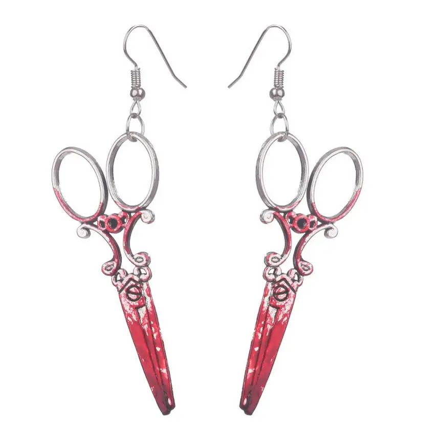 

Thrilling Halloween Earrings 2021 Vintage Silver Red Scary Scissor Axe Drop Earrings Women Evening Party Unique Jewelry Gifts