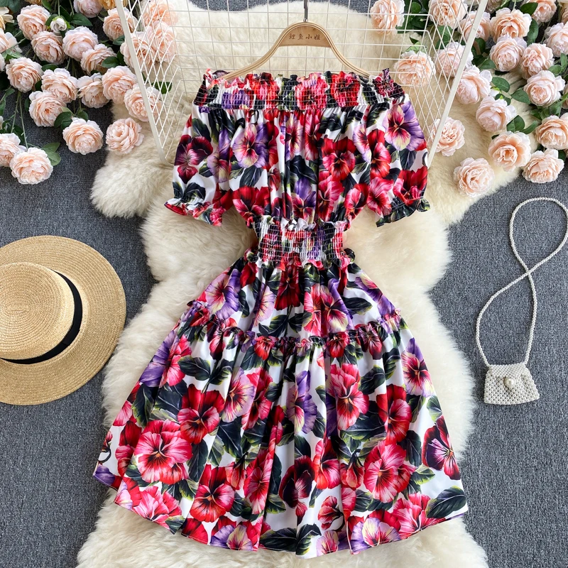 

Woman Summer Clothes Fashion Runway Short Sleeve Gorgerous Print Ruffled Slash Neck Floral Dress Elastic Waist Party Robe Femme