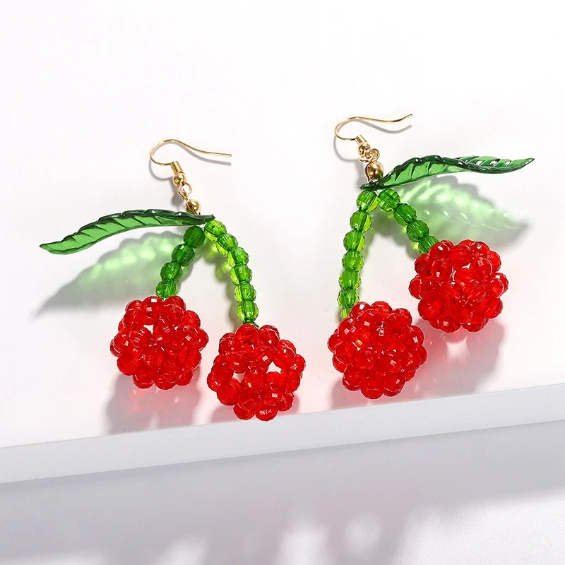 Богемные бусы фруктовые серьги вишневые листья силиконовые подвески уши женские