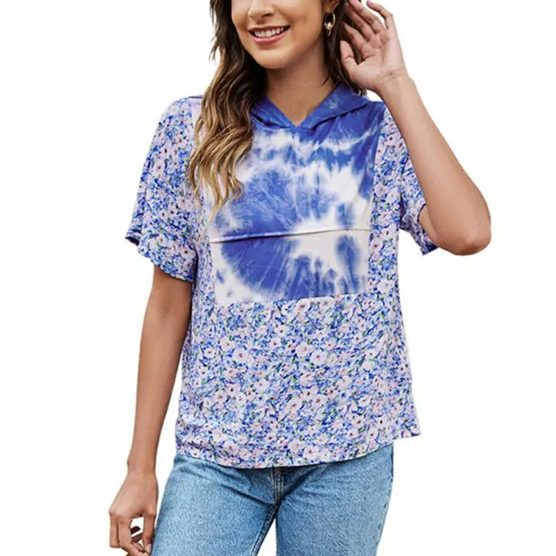 

Cofekate Woman T Shirt Floral Short Sleeve Hooded T-Shirt Summer Women Clothing Casual Pullover Fashion Womens Tops