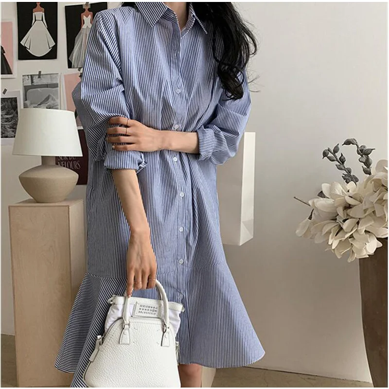 

Новинка 2020 женские летние осенние платья повседневные полосатые оборки труба большие пуговицы наручные длинные рубашки платье CL449