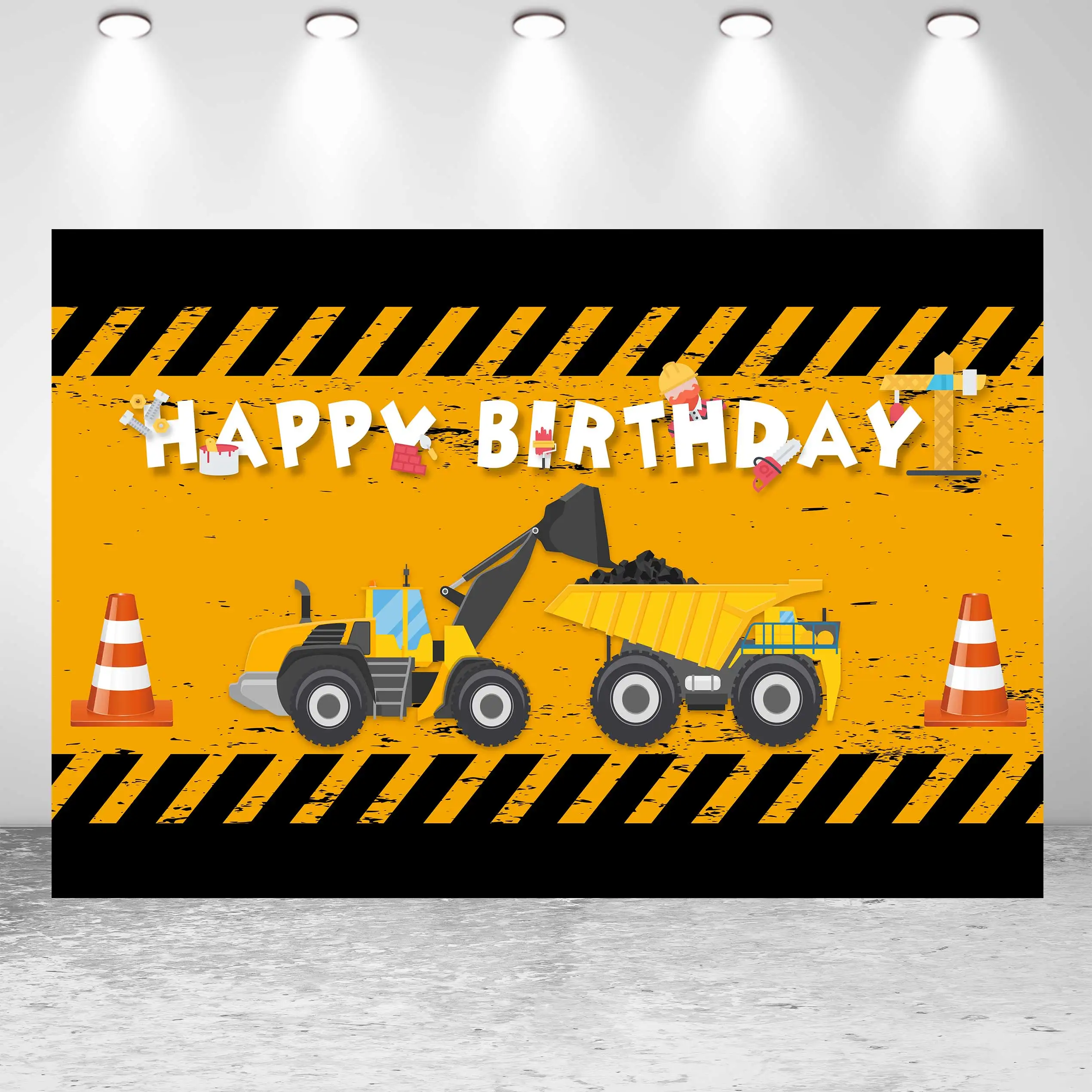 

NeoBack Happy Birthday Baby Shower Little Engineer Stripe Excavator Trucks Party Banner Photo Backdrop Photography Background