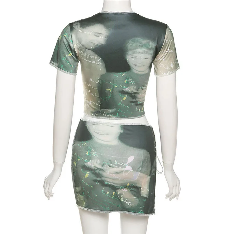 

Aesthetic Body Printed Two Piece Set Women Skirt Bright Line Decoration Casual Short Sleeve Top+Side Criss Cross Bandage Skirt