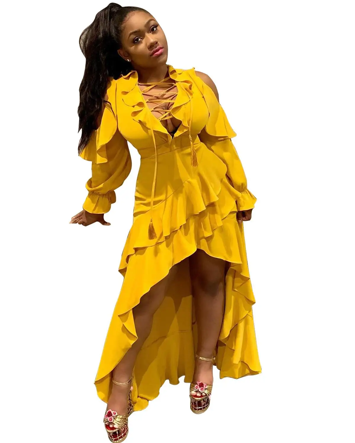 Каскадные оборки сексуальное асимметричное Бандажное платье женское кружевное