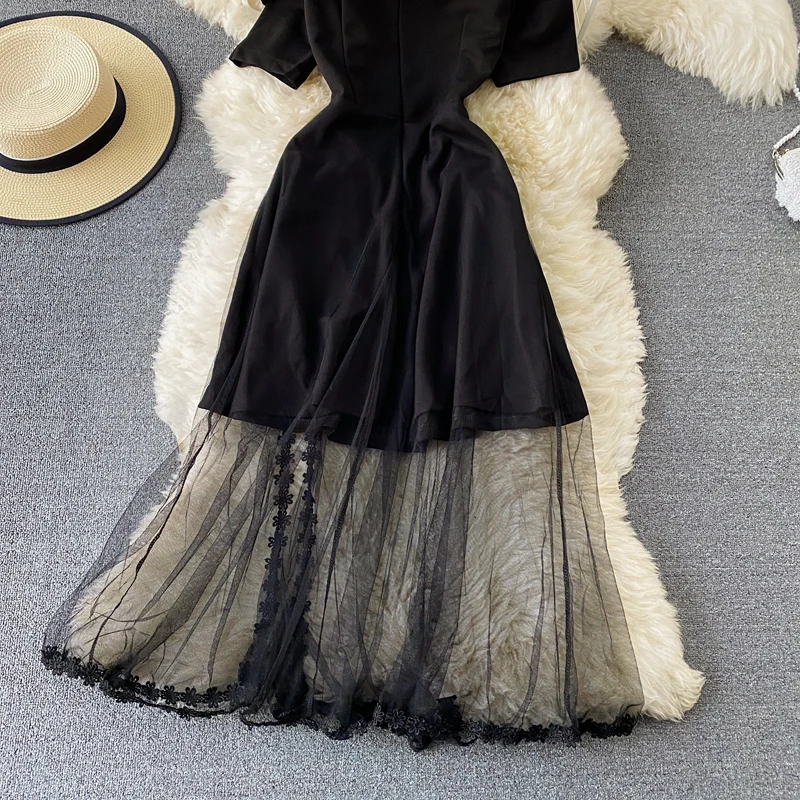 

Vintage Black Mesh Patchwork Party Long Dress Women Sexy Slash Neck One-Shoulder Short Sleeve High Waist Vestidos Spring Summer