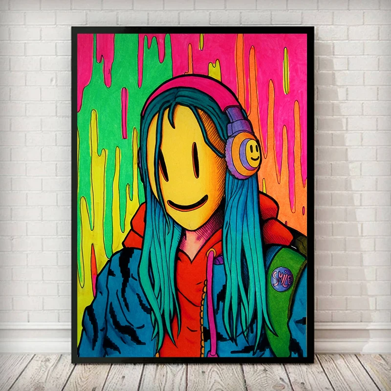

Canvas Painting Wall Art Graffiti Smiley Music Girl Poster Prints Decor Abstract Art Illustration Living Room Hanging Picture