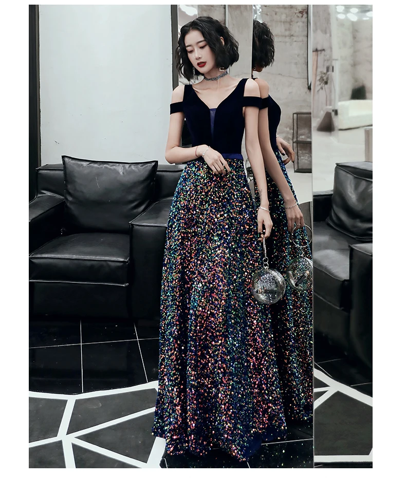 

Deep V neck Velvet Sequins Evening Gown Floor Length Lace Up Back Prom Dress Custom Made