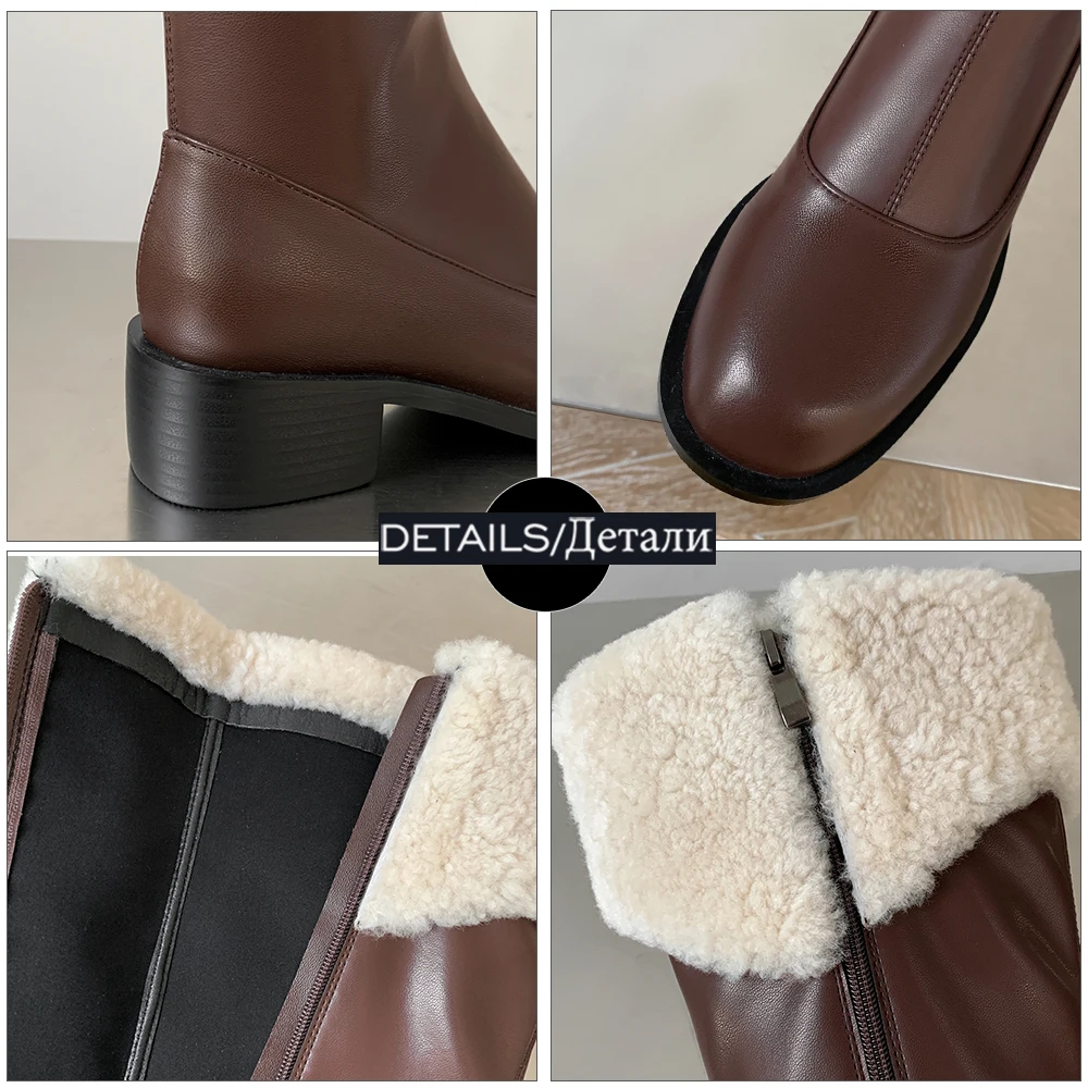 

ISNOM Fur Lining Women Knee Boots Round Toe Zip Footwear Warm Snow Boots Genuine Leather Ladies Chunky Heel Winter Booties 2020