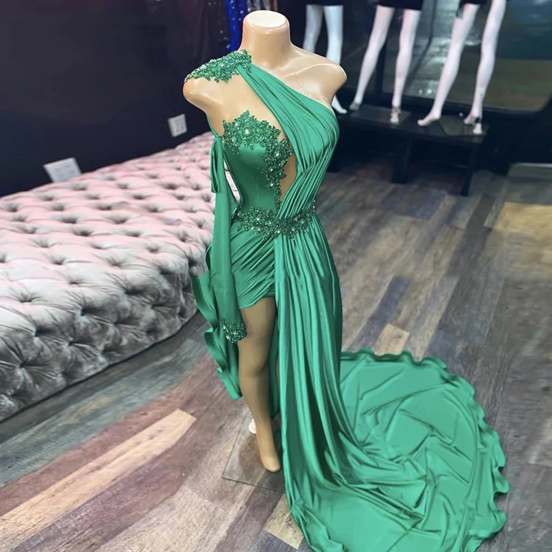 Emerald Green Evening Dresses Sexy One Shoulder Mermaid Prom Dresses African Formal Pleats Side Split Long Sleeve Party Dresses