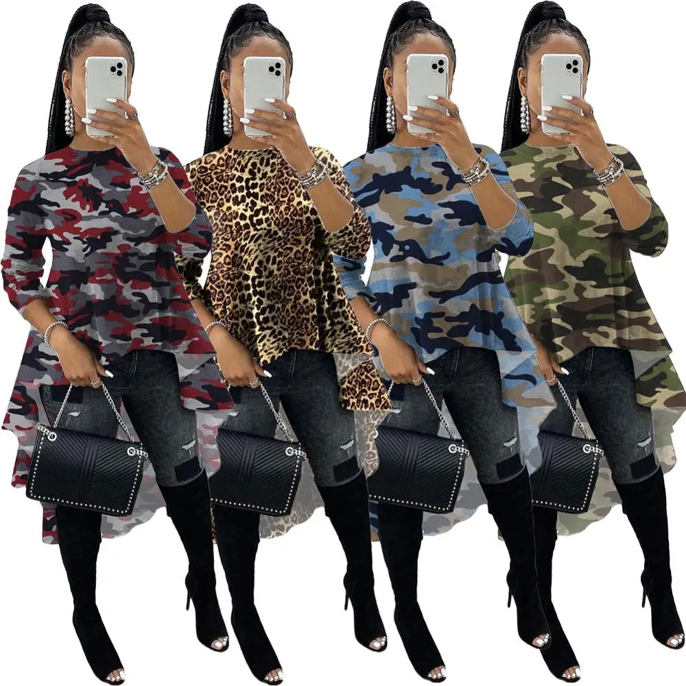 

Autumn Woman Dress O-Neck Tees Full Sleeve Fashion Camouflage Leopard Print T-Shirt Sexy Casual Asymmetric Loose Tops