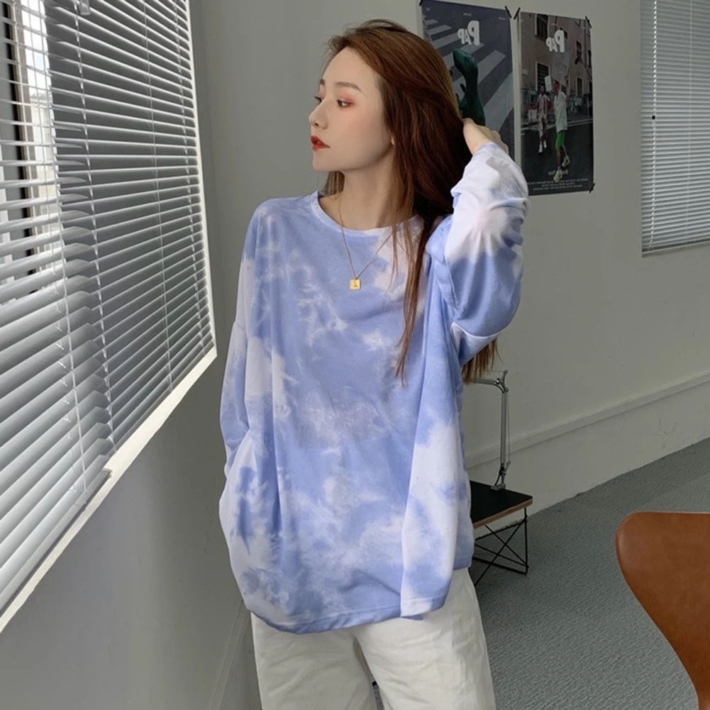 M-2XL Women Autumn O Neck Long Sleeve Loose Blouse Tie Dye Pullover Bottoming Top Women Sweetshirts Pullover Winter Clothes