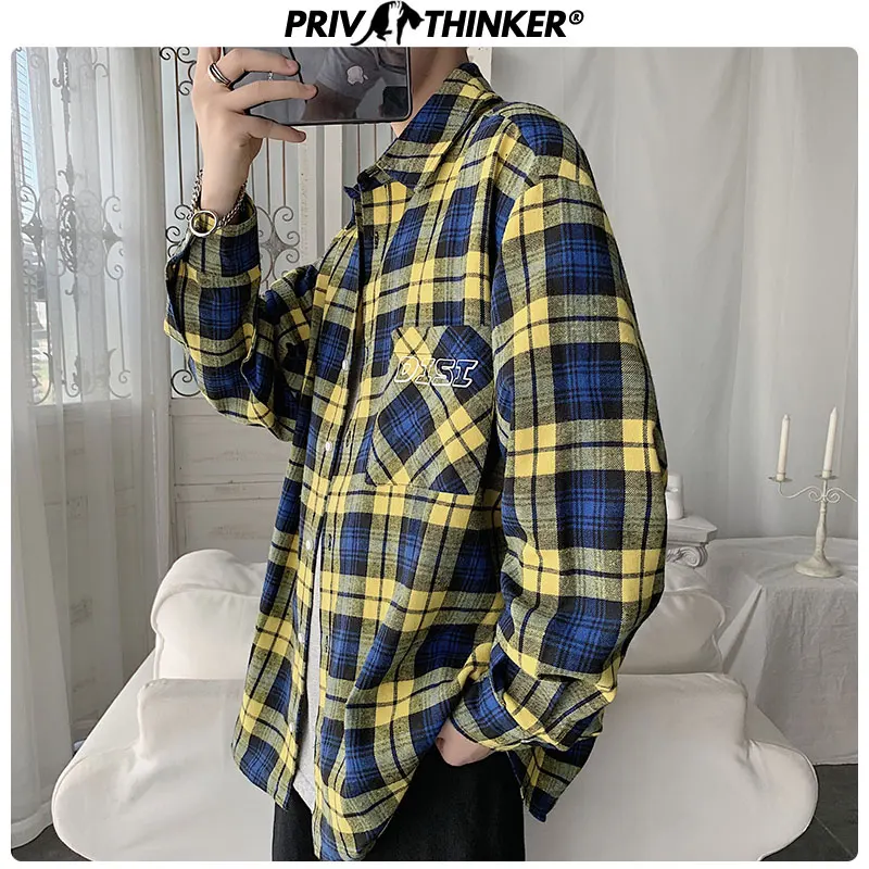 Privathinker мужская клетчатая Повседневная рубашка с длинным рукавом хлопок осень