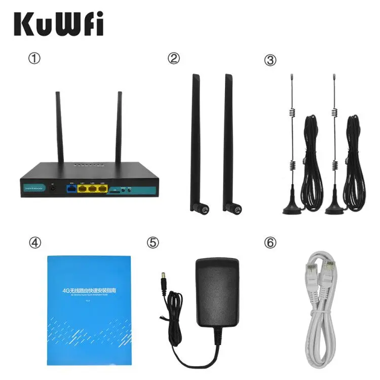 

KuWFi 4G LTE Wifi Router 3G/4G SIM Card Router CAT4 150Mbps Industrial Wireless CPE 32 Wi-fi Users RJ45 External 4pcs Antennas