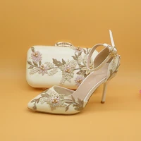 2021 new white lace flower wedding shoes with matching bags high heels pointed toe ankle strap ladies party shoe and bag set