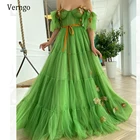 Verngo 2021 ярко-зеленое Тюлевое ТРАПЕЦИЕВИДНОЕ длинное платье для выпускного вечера, сексуальное платье с открытыми плечами и короткими рукавами с 3D цветами на заказ