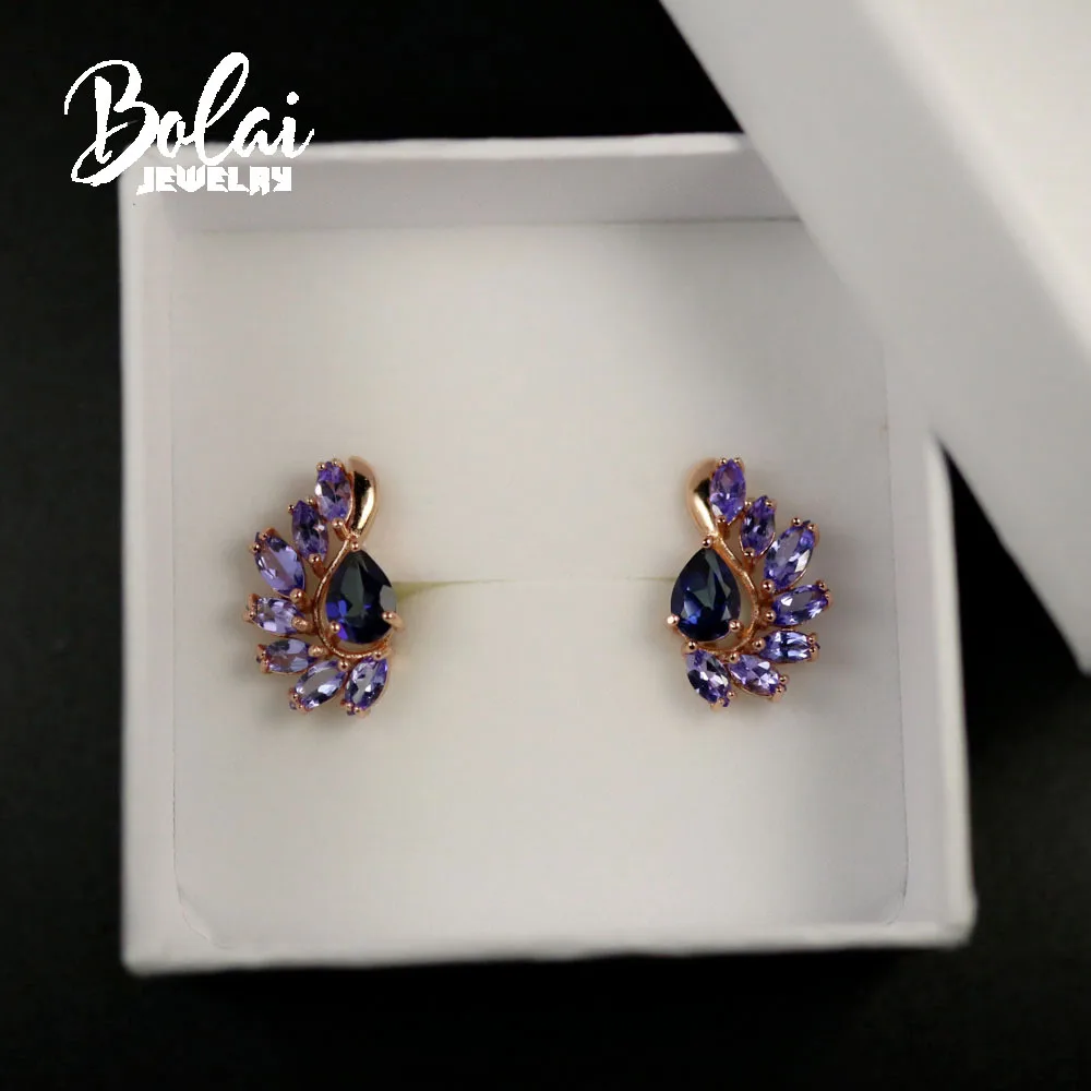 

bolaijewelry,925 sterling silver tanzanite Topaz and Tanzanite jewel earrings, heart-shaped design style exquisite jewelry