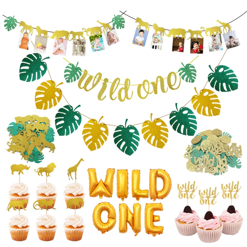 

Jungle Animal Banner Confetti Cupcake Toppers Leaf Wild One Bunting Garland Kids 1st Birthday Party Anniversary Decor Supplies