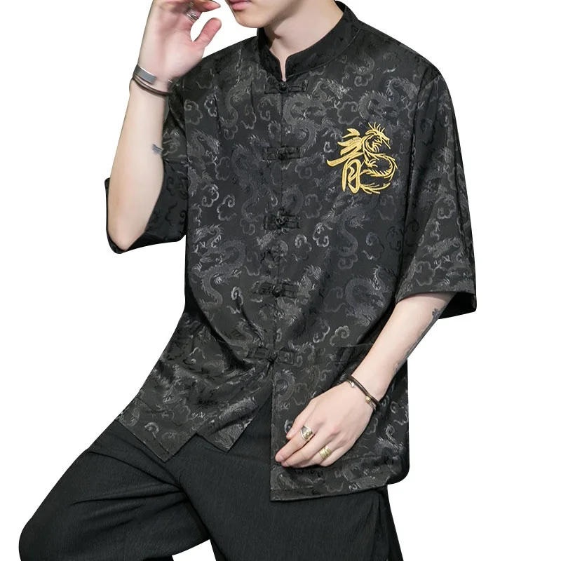 2021 Summer Chinese Style Shirt Men Tang Suit Button Dragon Pirnt Streetwear Shirts Half Sleeve Tops 30632 |