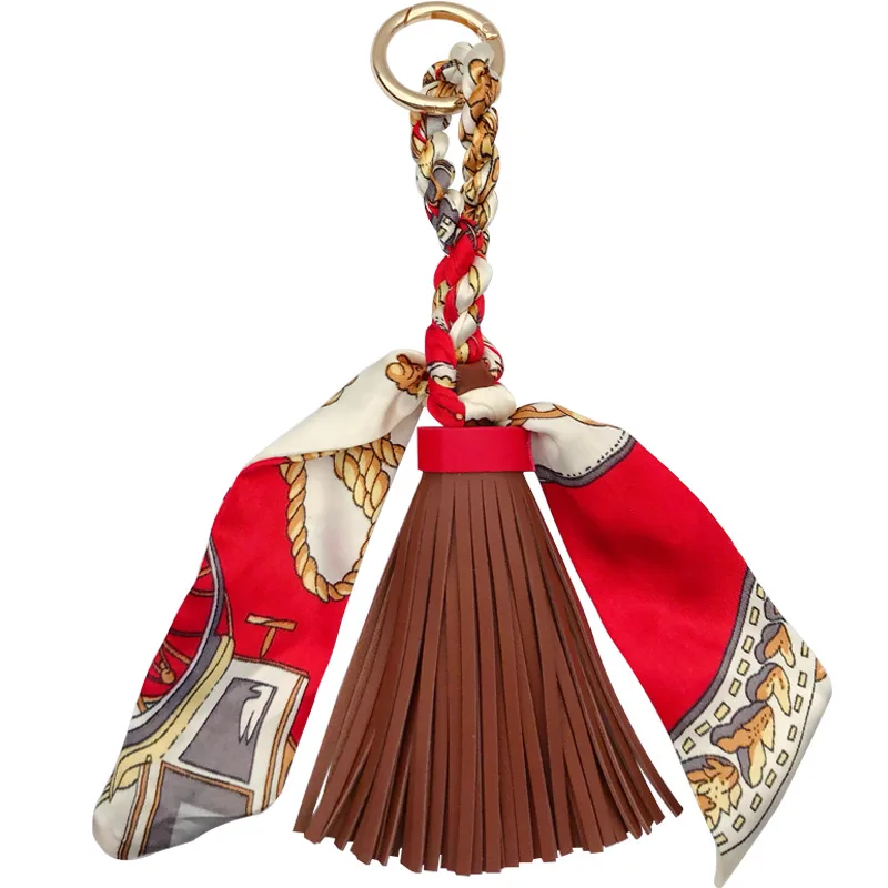 

Fashion Silk Scarf Bowknot Keychains Leather PU Tassel Key Chain Bag Mobile Phone Exquisite Car Pendant Accessories Key Ring