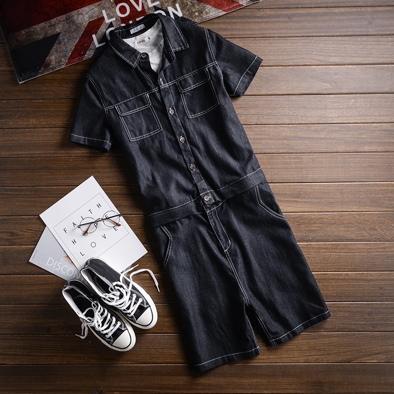 Summer Men Jeans Jumpsuit Short-Sleeved Knee Length Overalls Detachable Waist Hip-Hop Denim Shorts Black Freight Cargo Pants