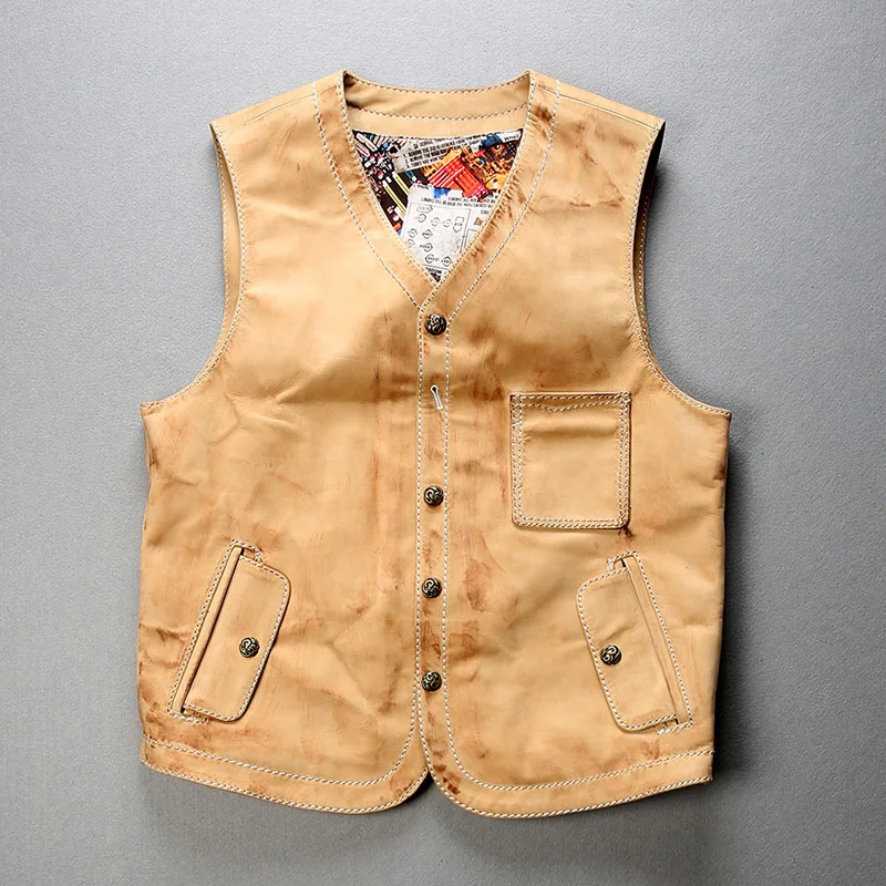 

genuine Vintage leather vest men V-neck cowboy style sleeveless leather jacket men original cowhide motorcycle vest for male
