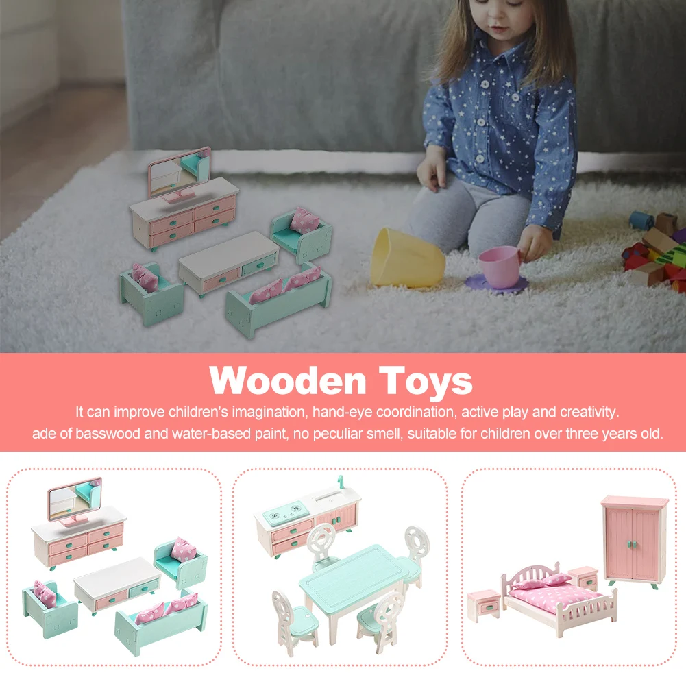 

Kids Toys Pretend Play Handcraft Cute Wood Miniature Dining Room Reusable Gift DIY Dollhouse Furniture Set Bedroom Accessories