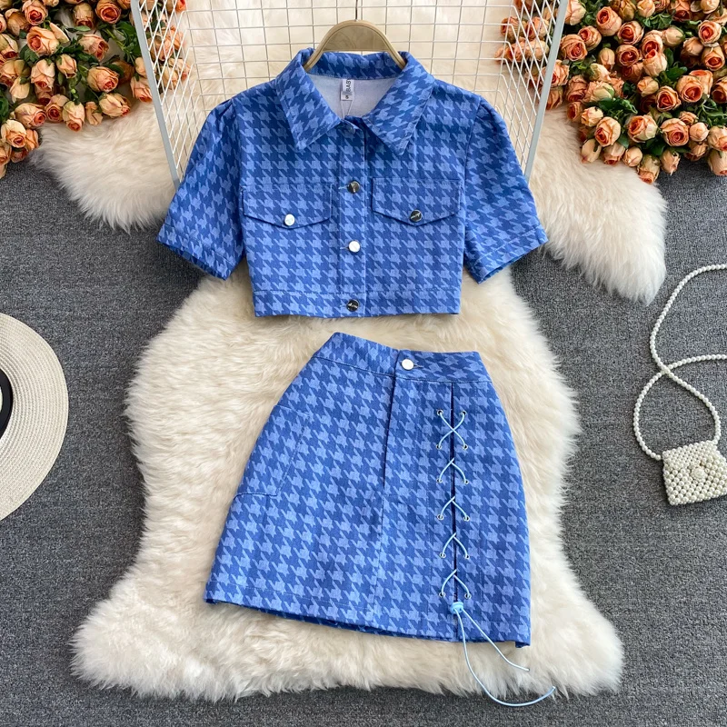 

Women Blue Thousand Bird Plaid Short Shirt Top Two Piece Sets With Girl Split Mini Short Skirt Summer Office Work