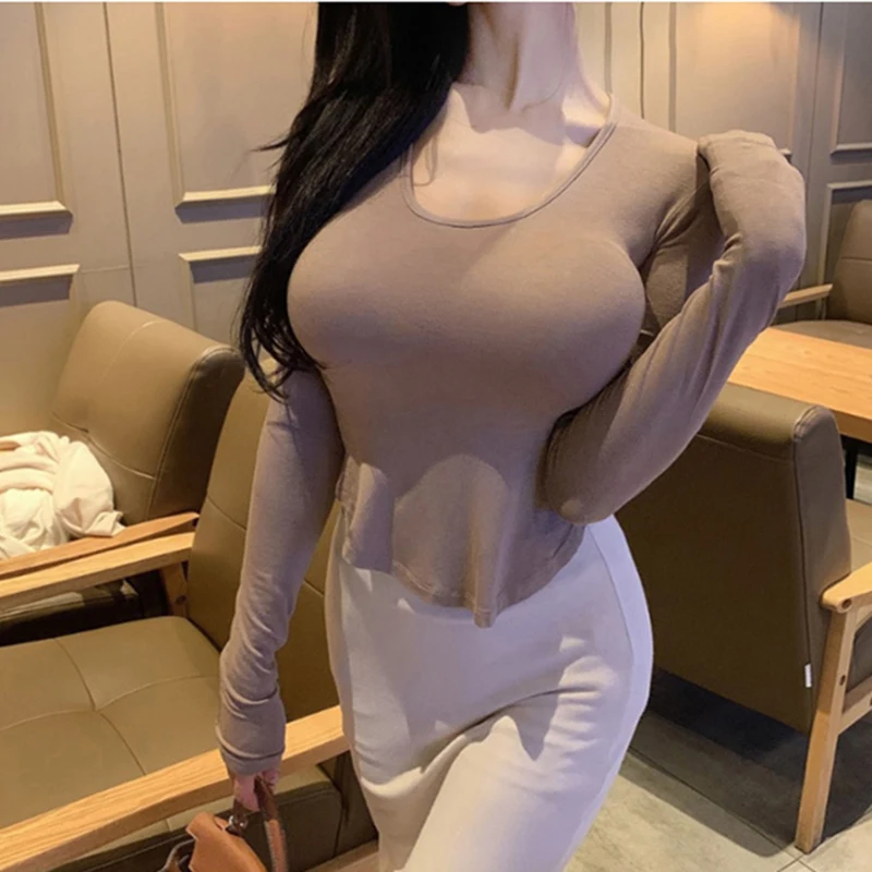 Korean Spring T-Shirts Women O-Neck Long Sleeve Casual Shirts Tops Skinny Slim Sexy Cotton Streetwear Split Basic Top Z799 | Женская