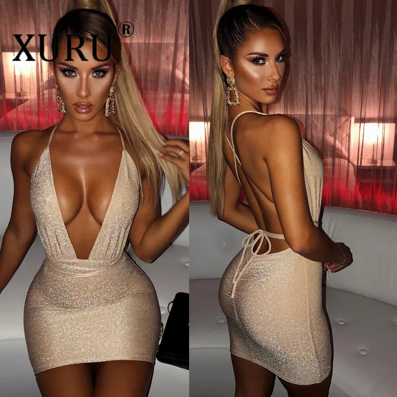 

XURU New Women's Dress V-neck Halter Strap Sexy Club Party Dress Gold Silk Glitter Suspender Dress