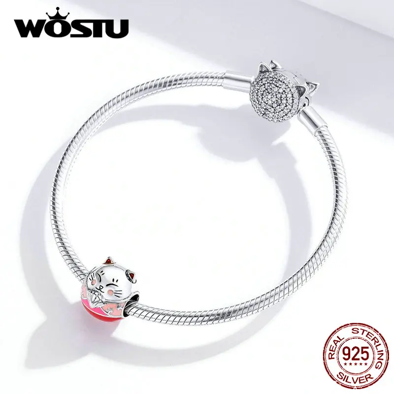 WOSTU, новая мода, 925 пробы, серебро, Фортуна, бусины кошка, розовая удача, шарм, подходит для оригинального браслета, кулон, хорошее ювелирное изделие, подарок CQC1341