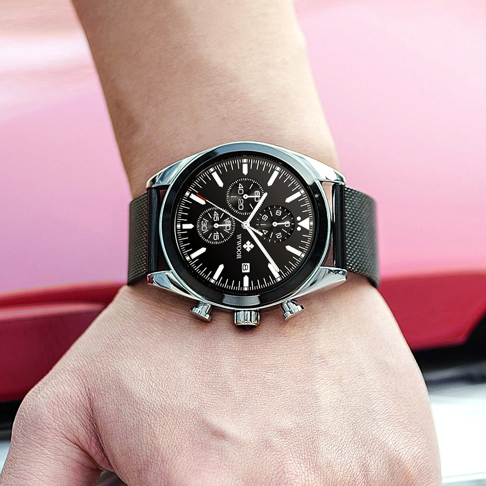 Мужские спортивные часы WWOOR 2021 черные роскошные ведущей марки в стиле милитари со